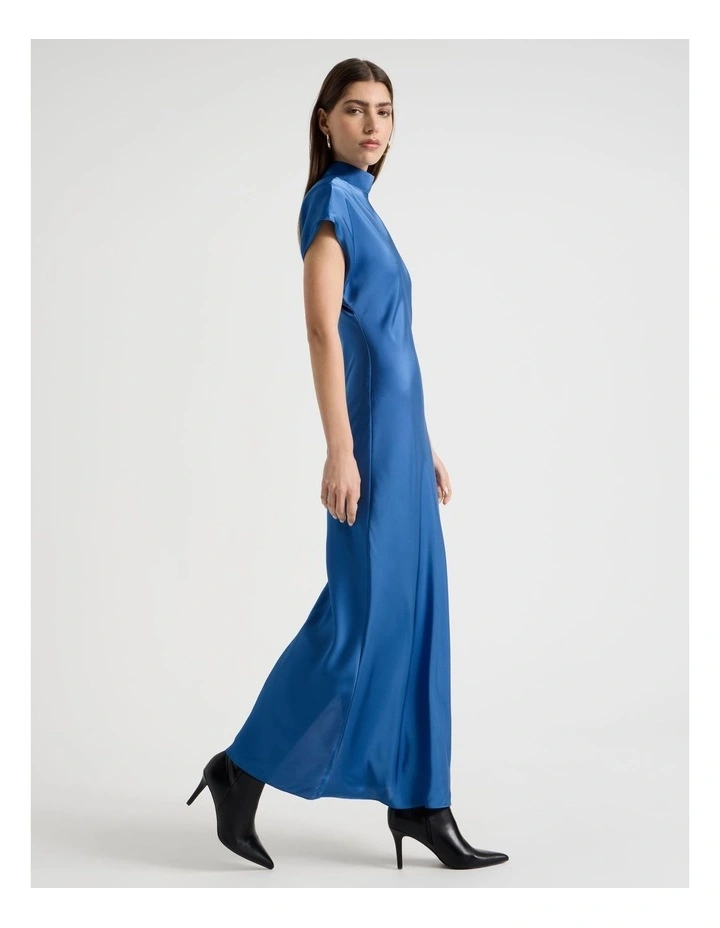 Satin Mock Neck Midi Dress in Blue image 3