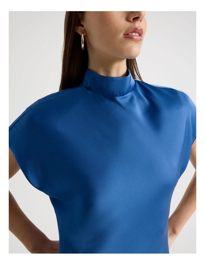 Satin Mock Neck Midi Dress in Blue image 4