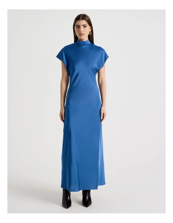 Satin Mock Neck Midi Dress in Blue image 5