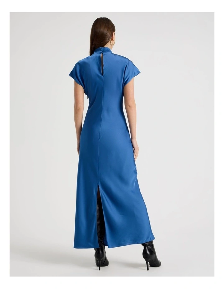 Satin Mock Neck Midi Dress in Blue image 6
