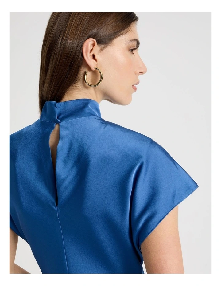 Satin Mock Neck Midi Dress in Blue image 7