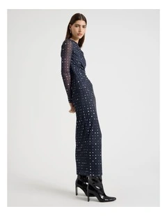 Mesh Long Sleeve Maxi Dress in Navy