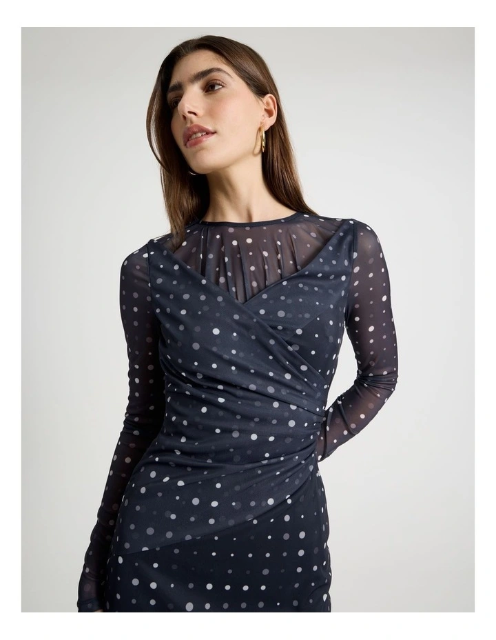 Mesh Long Sleeve Maxi Dress in Navy image 2