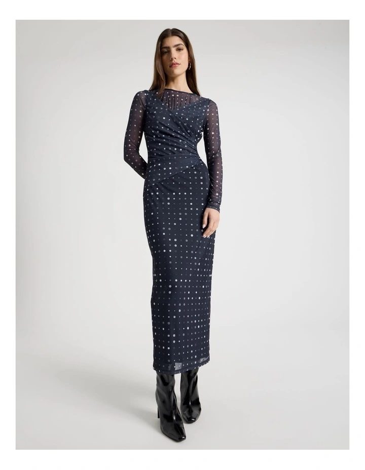 Mesh Long Sleeve Maxi Dress in Navy image 3