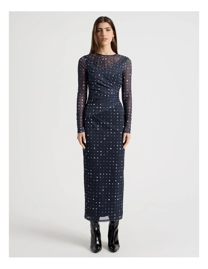 Mesh Long Sleeve Maxi Dress in Navy image 5