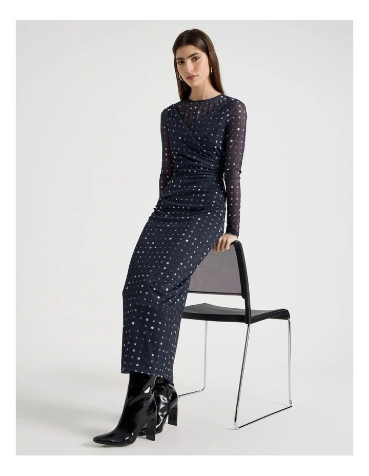 Mesh Long Sleeve Maxi Dress in Navy image 7