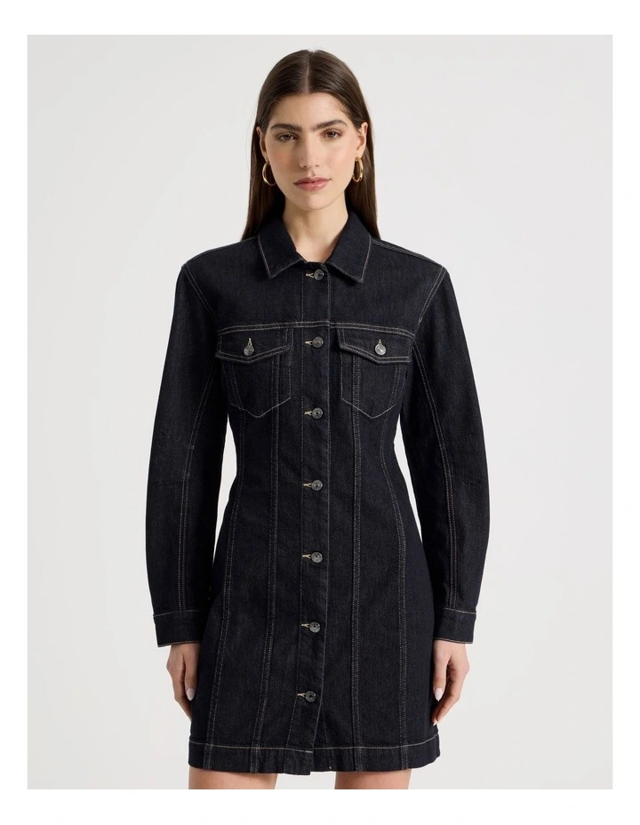 Barrel Sleeve Denim Shirt Dress in Indigo image 1