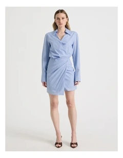 Long Sleeve Stripe Mini Shirt Dress in Blue Stripe