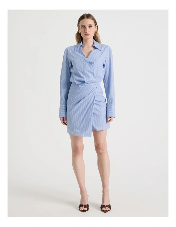 Long Sleeve Stripe Mini Shirt Dress in Blue Stripe image 1