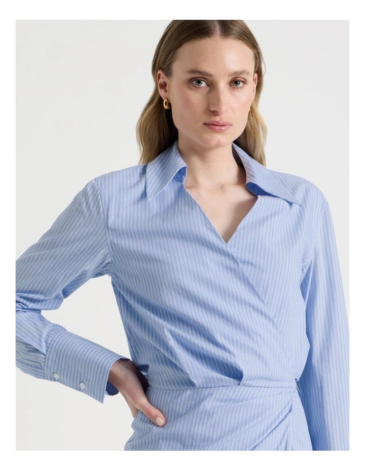 Long Sleeve Stripe Mini Shirt Dress in Blue Stripe image 2