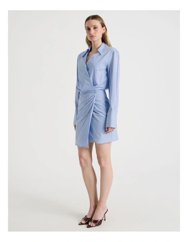 Long Sleeve Stripe Mini Shirt Dress in Blue Stripe image 3