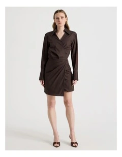 Long Sleeve Mini Shirt Dress in Brown