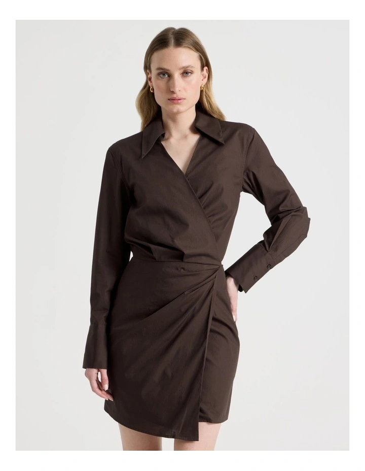 Long Sleeve Mini Shirt Dress in Brown image 2