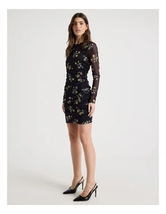 Mesh Long Sleeve Mini Dress in Black