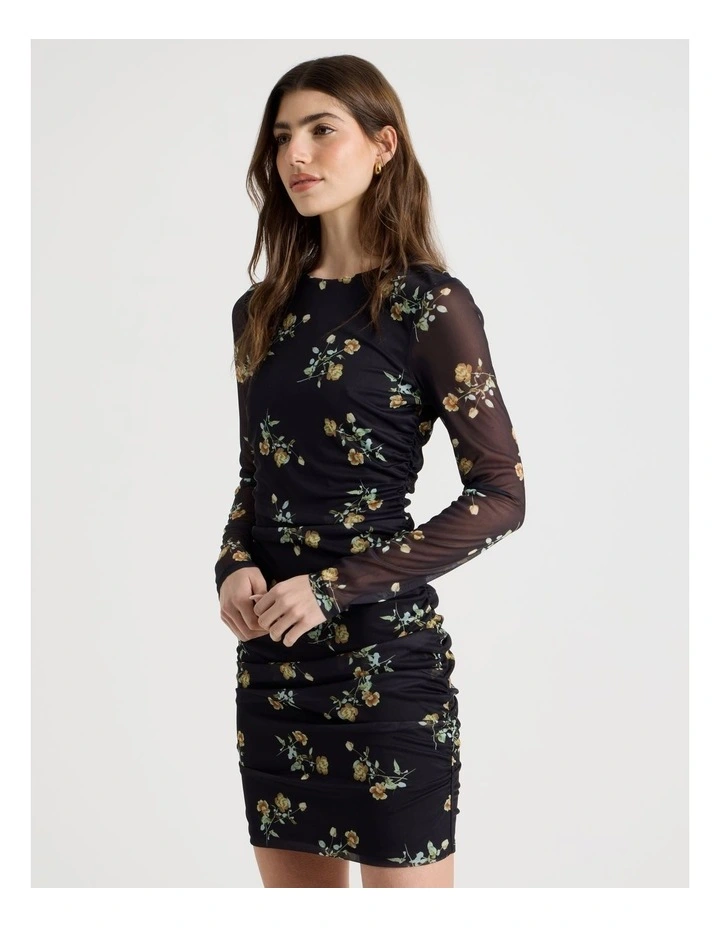 Mesh Long Sleeve Mini Dress in Black image 2