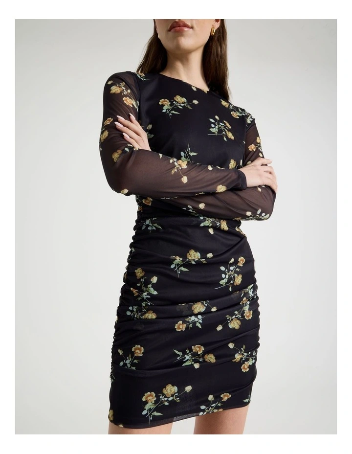 Mesh Long Sleeve Mini Dress in Black image 3