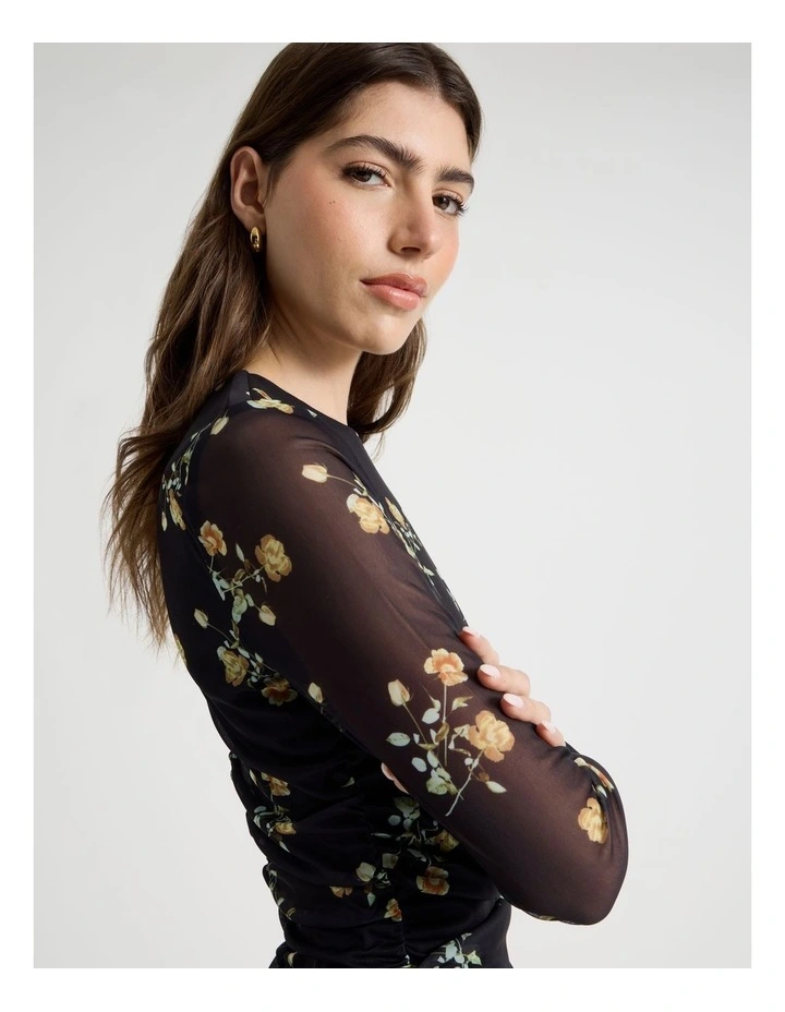 Mesh Long Sleeve Mini Dress in Black image 4