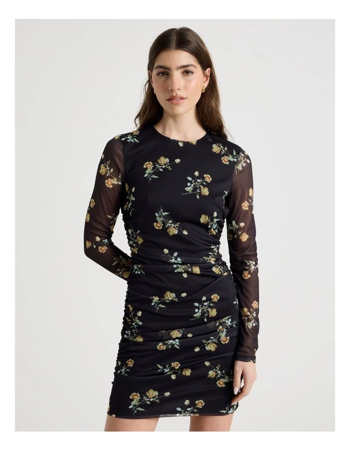 Mesh Long Sleeve Mini Dress in Black image 5