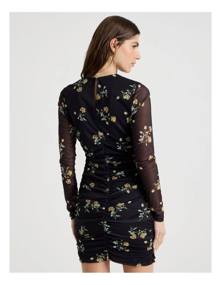 Mesh Long Sleeve Mini Dress in Black image 6