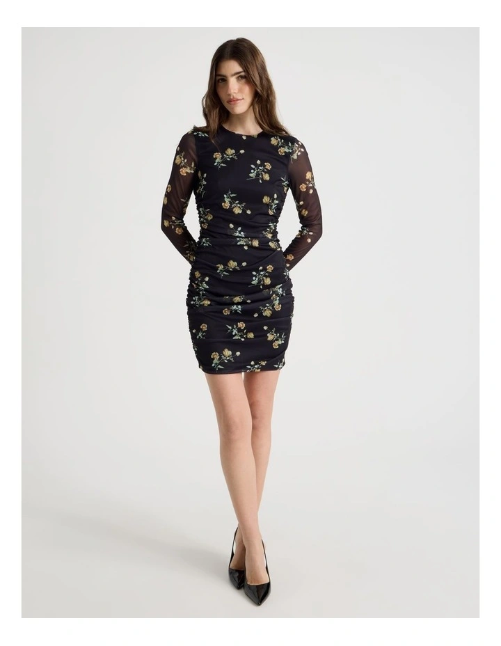 Mesh Long Sleeve Mini Dress in Black image 7