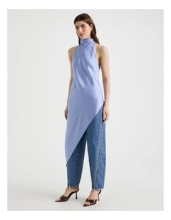 Mock Neck Asymmetrical Tunic Top in Cornflower
