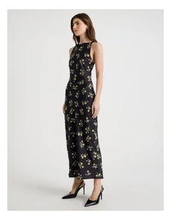 Satin Boat Neck Midi Dress in Black