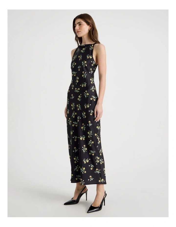 Satin Boat Neck Midi Dress in Black image 1