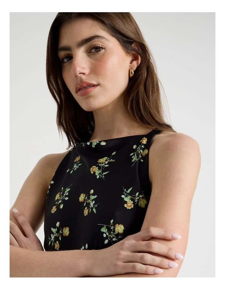Satin Boat Neck Midi Dress in Black image 2