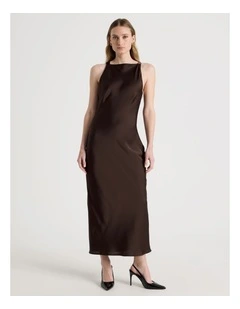Satin Boat Neck Midi Dress in Brown