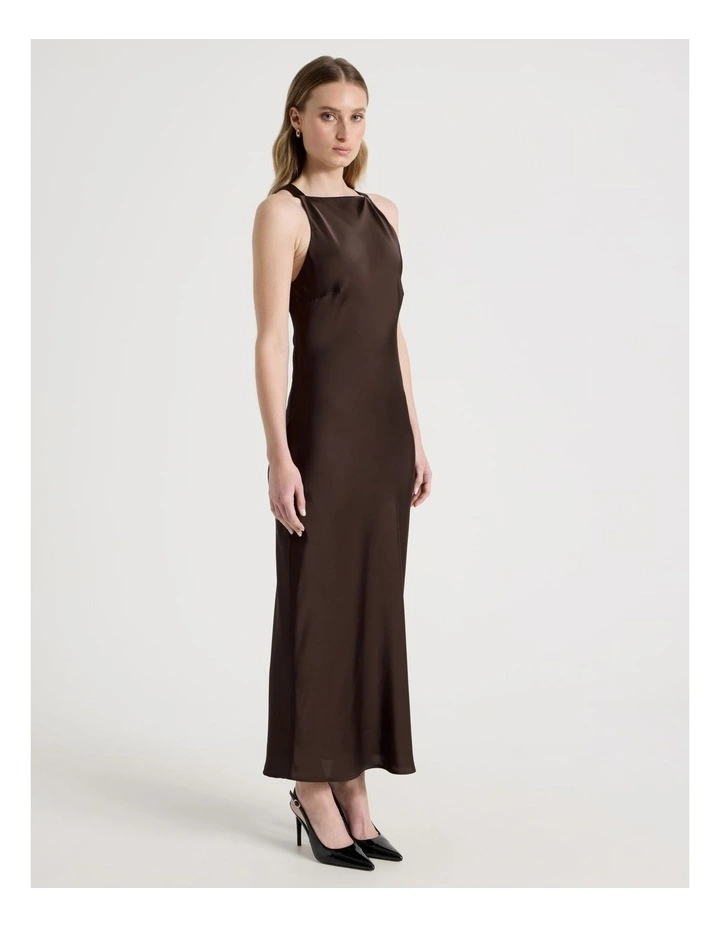 Satin Boat Neck Midi Dress in Brown image 2