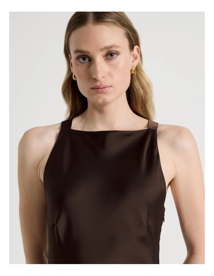 Satin Boat Neck Midi Dress in Brown image 3