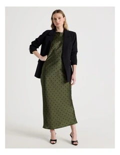 Satin Boat Neck Midi Dress in Khaki