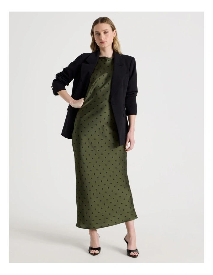 Satin Boat Neck Midi Dress in Khaki image 1