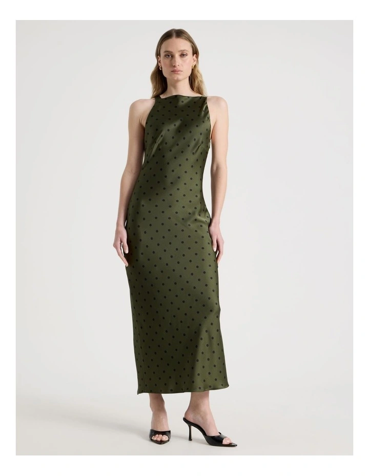 Satin Boat Neck Midi Dress in Khaki image 2