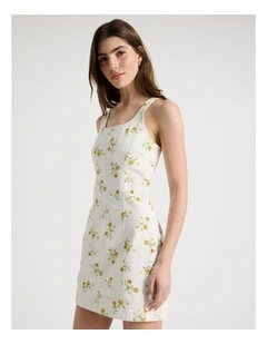 Printed Denim Mini Dress in Ivory