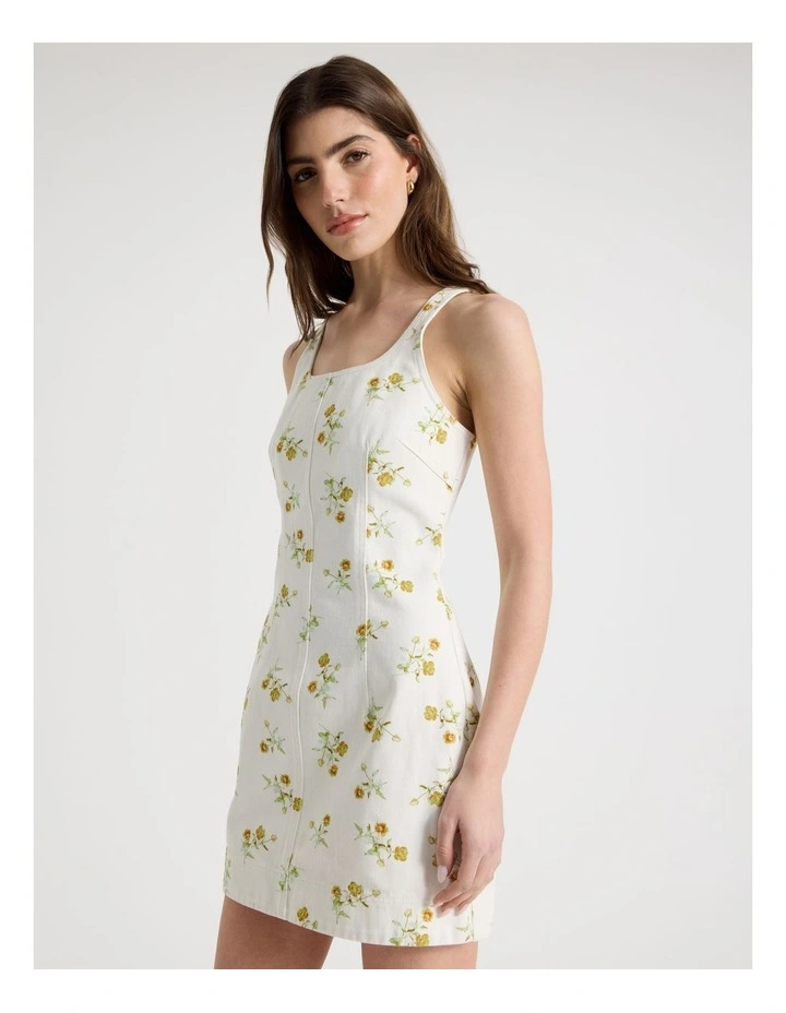 Printed Denim Mini Dress in Ivory image 1
