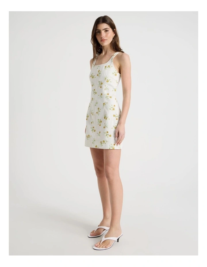 Printed Denim Mini Dress in Ivory image 2