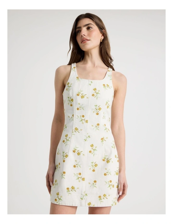 Printed Denim Mini Dress in Ivory image 3