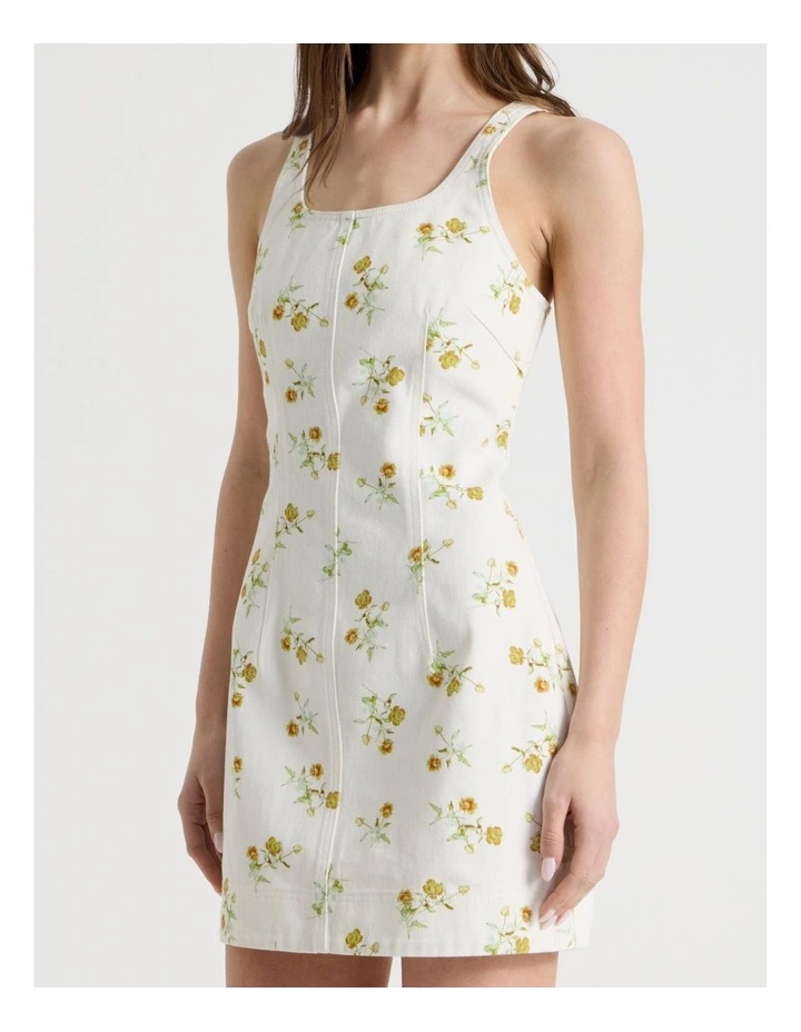 Printed Denim Mini Dress in Ivory image 4