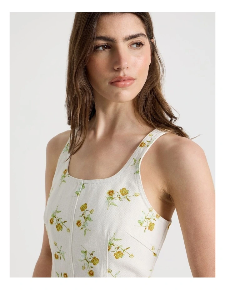 Printed Denim Mini Dress in Ivory image 5