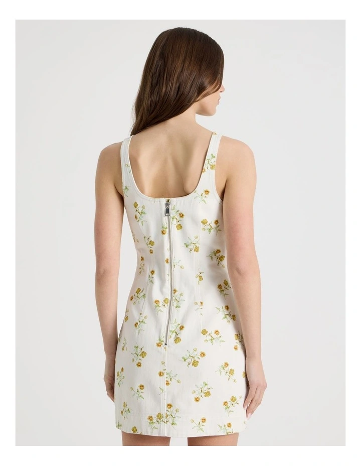 Printed Denim Mini Dress in Ivory image 6