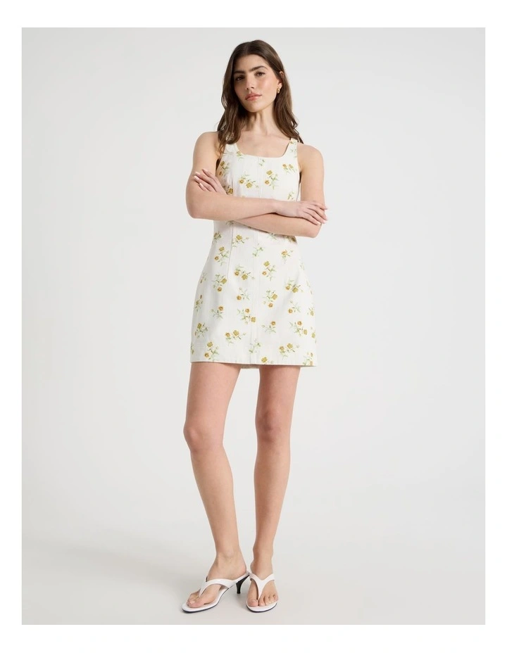 Printed Denim Mini Dress in Ivory image 7
