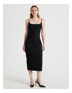 Cotton Blend Sleeveless Midi Dress with Darts in Black
