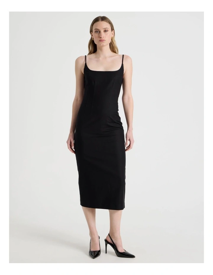 Cotton Blend Sleeveless Midi Dress with Darts in Black image 1