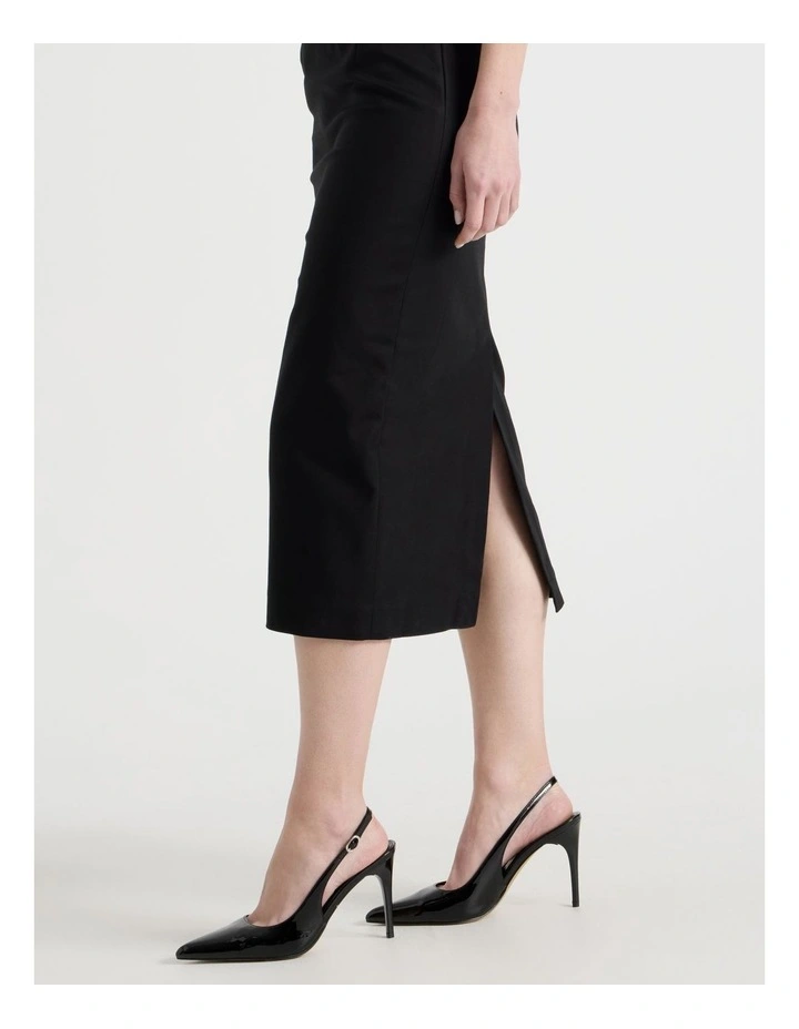 Cotton Blend Sleeveless Midi Dress with Darts in Black image 2