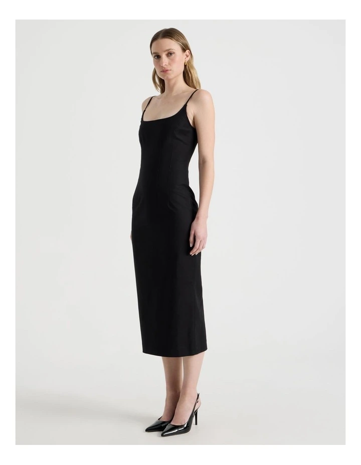 Cotton Blend Sleeveless Midi Dress with Darts in Black image 3