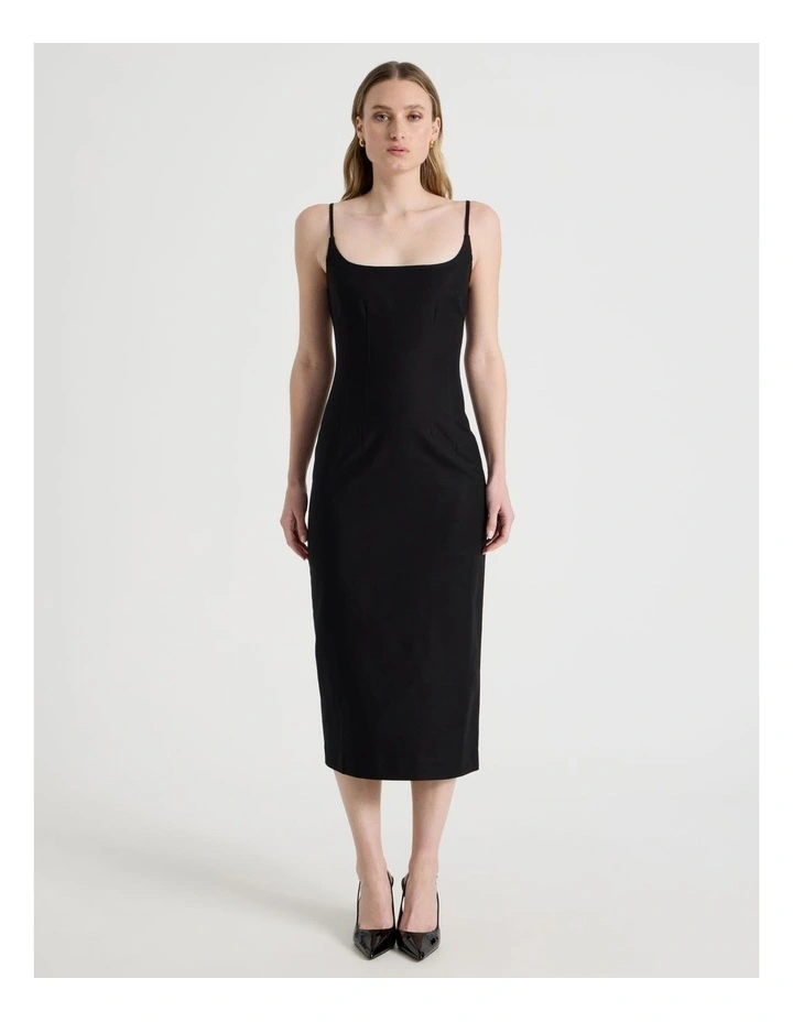 Cotton Blend Sleeveless Midi Dress with Darts in Black image 5