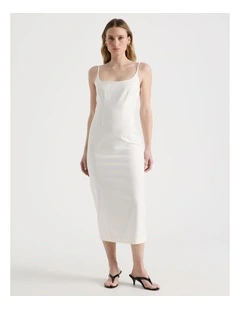 Cotton Blend Sleeveless Midi Dress with Darts in Ivory