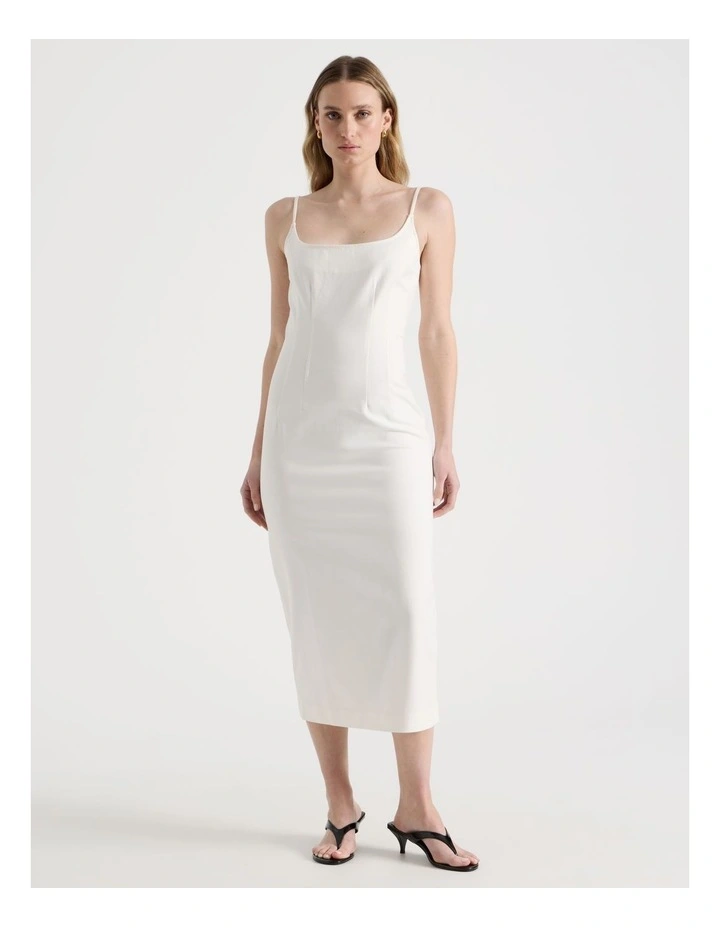 Cotton Blend Sleeveless Midi Dress with Darts in Ivory image 1