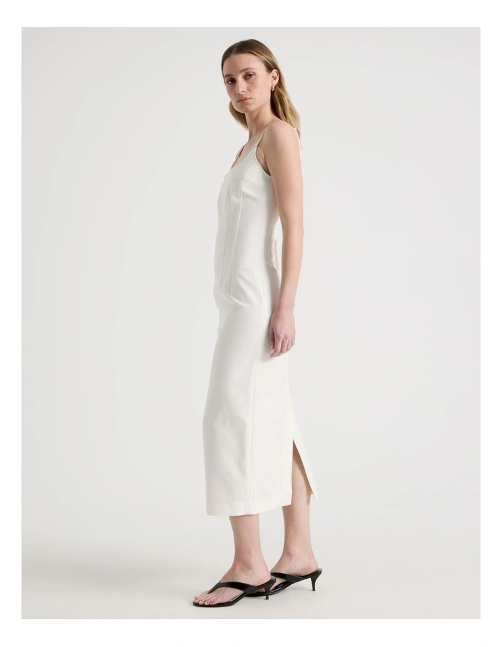 Cotton Blend Sleeveless Midi Dress with Darts in Ivory image 3